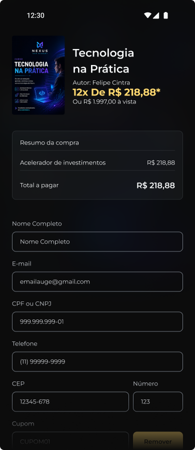 Captura real da plataforma Auge: Checkout