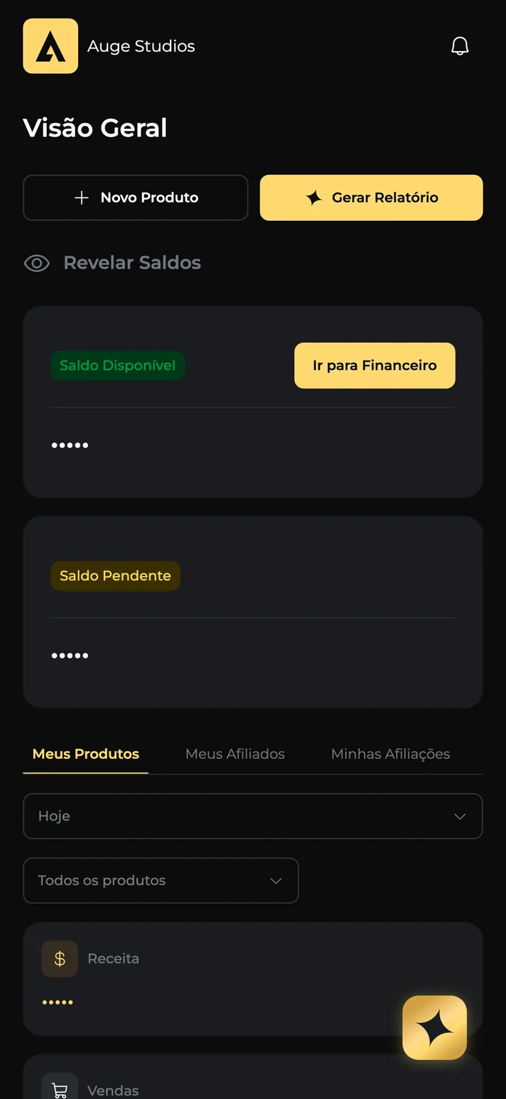 Captura real da plataforma Auge: Financeiro, com valores mascarados